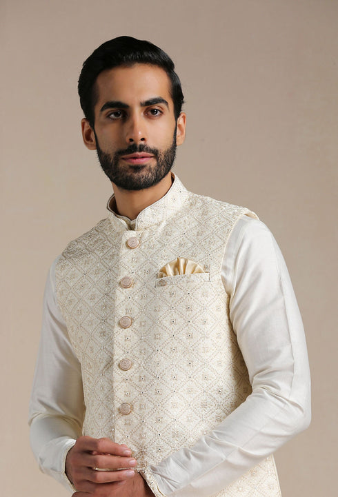 Manyavar Antique White Kurta and Jacket Set