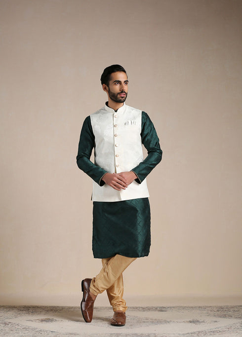 Manyavar Pearled Ivory Self Patterned Half Jacket