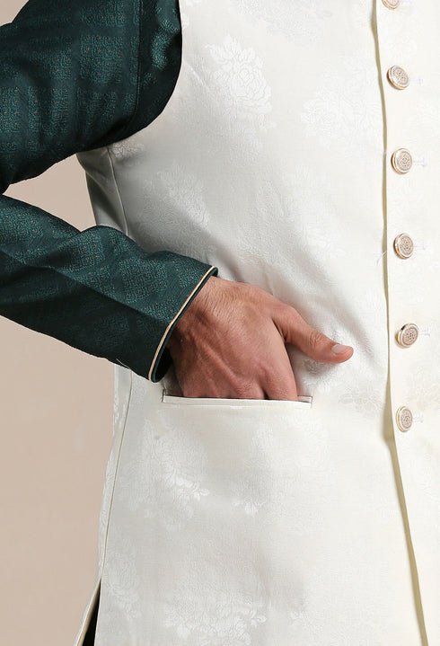 Manyavar Pearled Ivory Self Patterned Half Jacket
