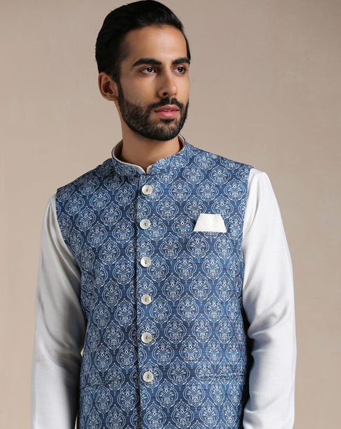Manyavar Brilliant Blue Print Half Jacket