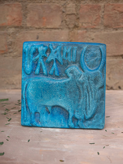 The India Craft House Delhi Blue Art Pottery Wall Plaque | Mohenjo Daro (Bull)