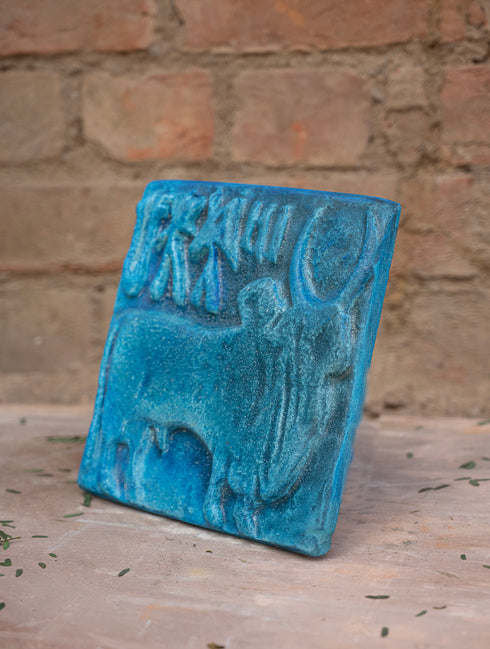 The India Craft House Delhi Blue Art Pottery Wall Plaque | Mohenjo Daro (Bull)