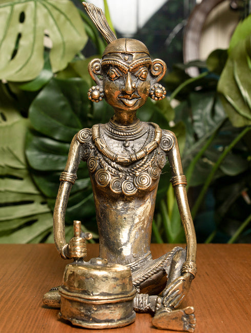The India Craft House Dhokra Craft Curio (Large) | Lady with Grinder