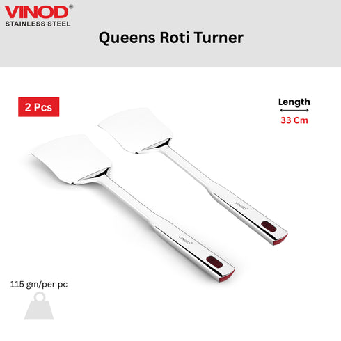 Vinod Stainless Queens Steel Roti Turner Heavy Gauge Flat Plain Cooking Spoon Steel Spatula I Set of 2 I no 1
