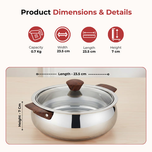 Vinod Stainless Steel Aroma Insulated Casserole with Glass Lid and Wooden Knob Set of 2 Pcs Capacity 750 ml and 1250 ml