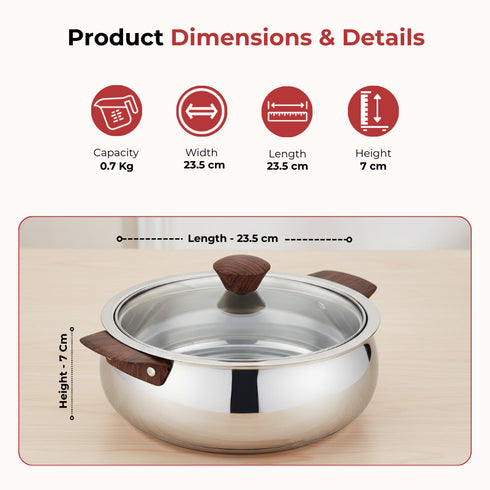 Vinod Stainless Steel Aroma Insulated Casserole with Glass Lid and Wooden Knob 750 ml High Grade Stainless Steel Rust Free PUF Coating