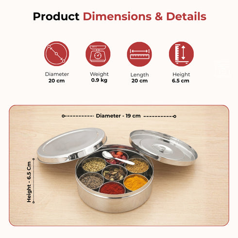 Vinod Stainless Steel Masala Dabba Spice Box with 7 Containers Spoon and Inner Lid Mirror Finish Rust Free Build No 12