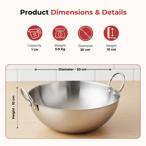 Vinod Claro Heavy Gauge Stainless Steel Kadai Plain 2.5 mm 1050 ml