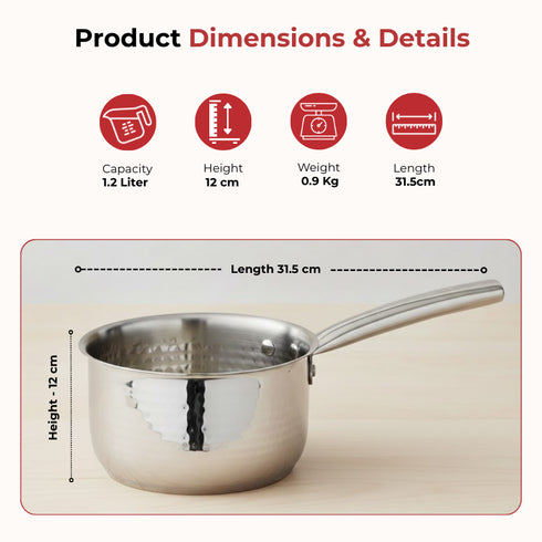 Vinod Claro Heavy Gauge Stainless Steel Hammered Sauce Pan 1.5 mm Capacity 1200 ml