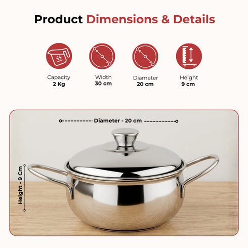 Vinod Stainless Steel Milano Plain Serving Casserole with Steel Lid and Side Handles 2000 ml Highest grade Stainless Steel Mirror Finish Rust Free