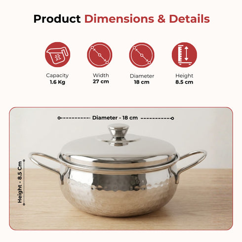 Vinod Stainless Steel Milano Hammered Serving Casserole with Steel Lid and Side Handles 1630 ml Highest Grade Stainless Steel Tough and Strong