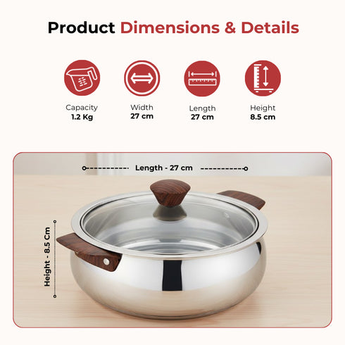 Vinod Stainless Steel Aroma Insulated Casserole with Glass Lid and Wooden Knob Set of 2 Pcs Capacity 750 ml and 1250 ml