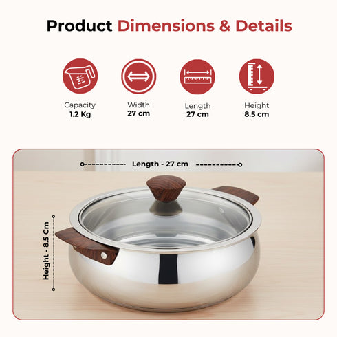 Vinod Stainless Steel Aroma Insulated Casserole with Glass Lid and Wooden Knob 1250 ml High Grade Stainless Steel and Rust Free