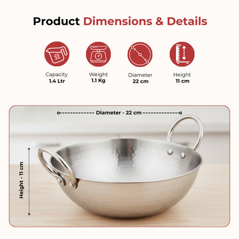 Vinod Claro Heavy Gauge Stainless Steel Hammered Kadai 2.5 mm 1400 ml