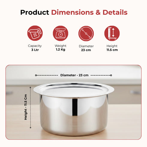 Vinod Doniv Titanium Triply Stainless Steel Tope with Cover 18 cms 3000 ml Capacity Induction Friendly