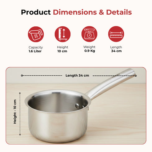 Vinod Claro Heavy Gauge Stainless Steel Sauce Pan Plain 1.5 mm Capacity 1600 ml