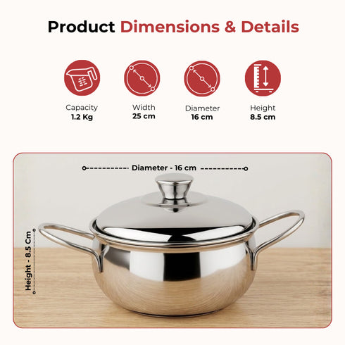 Vinod Stainless Steel Milano Plain Serving Casserole with Steel Lid and Side Handles 1630 ml Highest grade Stainless Steel Tough and Strong