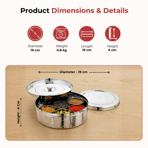 Vinod Hammered Stainless Steel Masala Dabba Spice Box with 7 Containers Spoon and Inner Lid Airtight No 11