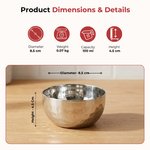 Vinod Stainless Steel Royal Hammered Bowl Set of 6 Pieces 100 ml High Grade Steel Scratch and Dent Resistant Dishwasher Safe No 5