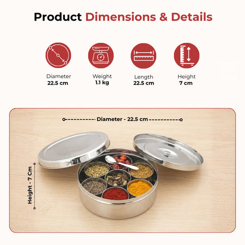 Vinod Stainless Steel Masala Dabba Spice Box with 7 Containers Spoon and Inner Lid Mirror Finish Rust Free Build No 13