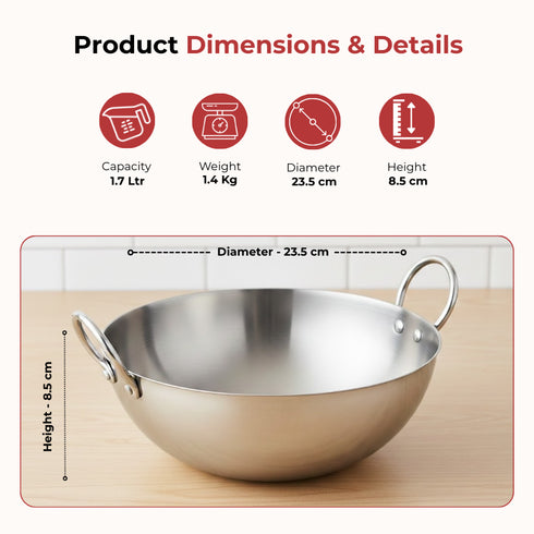 Vinod Claro Heavy Gauge Stainless Steel Kadai Plain 2.5 mm 1700 ml