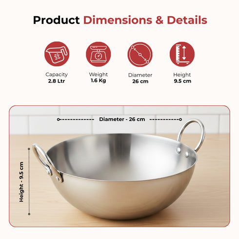 Vinod Claro Heavy Gauge Stainless Steel Kadai Plain 2.5 mm 2800 ml