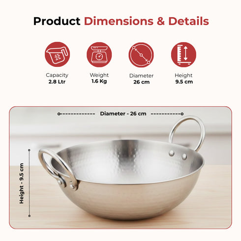 Vinod Claro Heavy Gauge Stainless Steel Hammered Kadai 2.5 mm 2800 ml