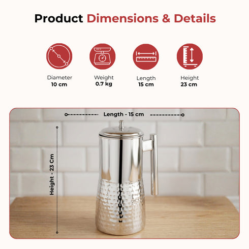 Vinod Stainless Steel Hammered Magnum Water Pitcher Jug with Cover 1700 ml Premium Stainless Steel Tough and Durable Dishwasher safe