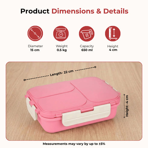 Vinod Stainless Steel Tiffin 3 Compartment Pink Airtight Silicone Sealed Lid Insulated Food Grade Steel Secure Side Clips