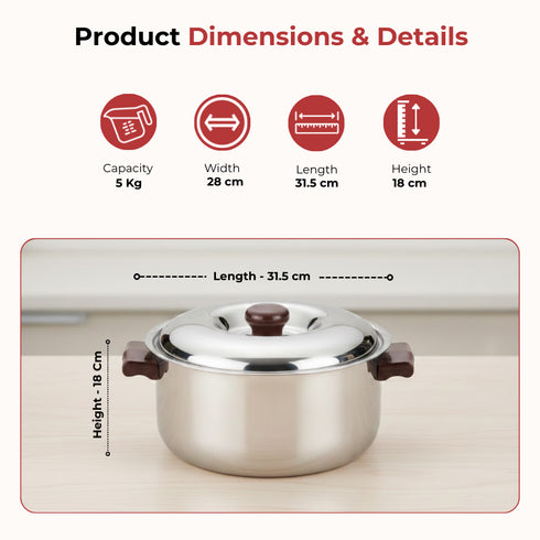 Vinod Stainless Steel Hot Casserole 5000 ml with Insulated Build Highest Grade Steel Mirror Finish Rust Free Body Dishwasher Safe and Easy to Carry