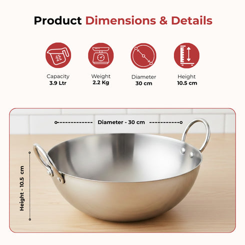 Vinod Claro Heavy Gauge Stainless Steel Kadai Plain 2.5 mm 3900 ml