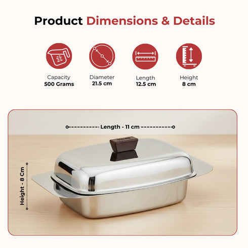 Vinod Stainless Steel Butter Dish With Butter Knife and Lid Highest Grade Steel Build Rust Free Finish And Dishwasher Safe Design