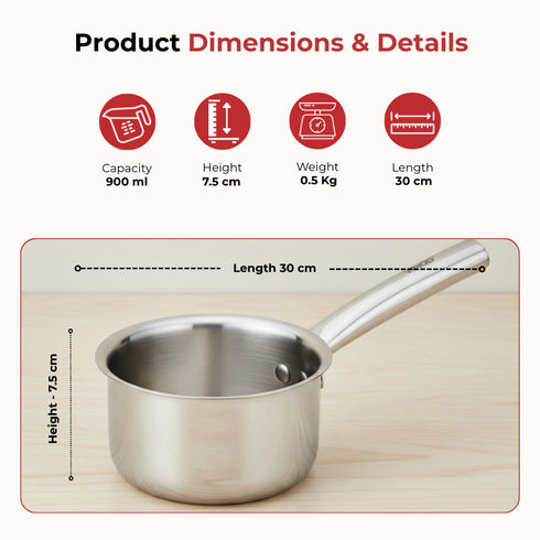 Vinod Claro Heavy Gauge Stainless Steel Sauce Pan Plain 1.5 mm Capacity 900 ml