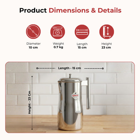 Vinod Stainless Steel Magnum Water Pitcher Jug with Cover 1700 ml Mirror Finish Sturdy Tough Build Dishwasher Safe Leak Free