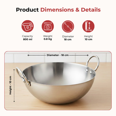 Vinod Claro Heavy Gauge Stainless Steel Plain Kadai 2.5 mm 600 ml