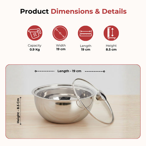 Vinod Stainless Steel Montero Insulated Casserole with Glass Lid and Steel Knob 900 ml PUF Coated High Quality Stainless Steel Mirror Finish