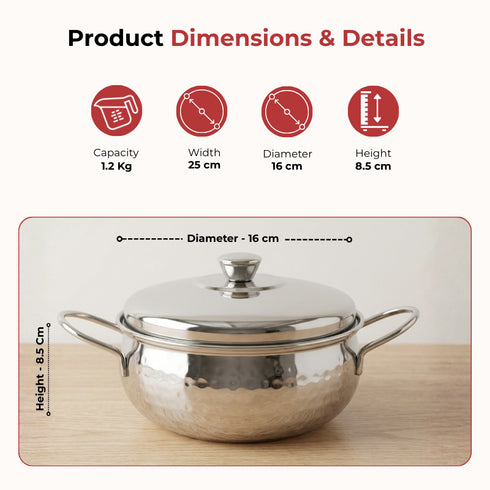 Vinod Stainless Steel Milano Hammered Serving Casserole with Steel Lids and Side Handles Set of 2 1230 ml 1630 ml High Grade Steel Rust Free