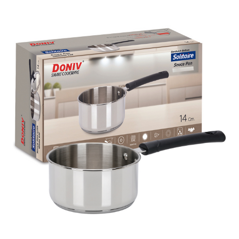 Vinod DONIV Stainless Steel Sandwich Bottom Solitaire Sauce Pan with Glass Lid Induction Friendly Capacity 1.1 Ltr 14cm