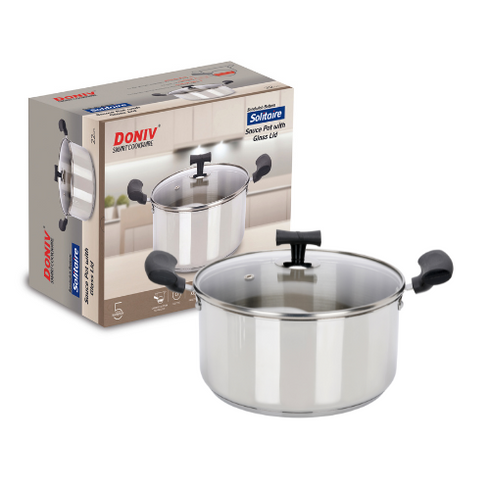 Vinod DONIV Stainless Steel Sandwich Bottom Solitaire Sauce Pot with Glass Lid and Side handle Induction Friendly Capacity 5 Ltr 24cm