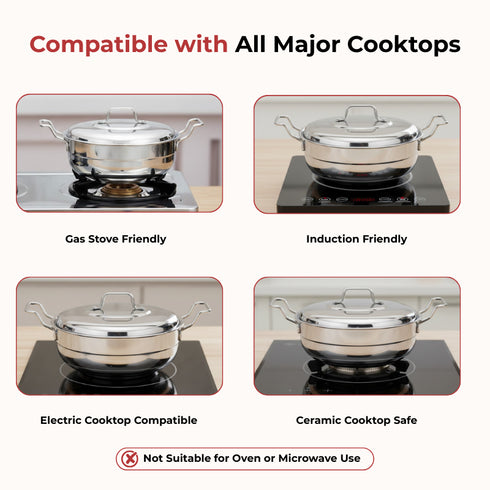 Vinod Doniv Stainless Steel Induction Bottom Multi Kadhai with 5 Plates 2 Idli 1 Mini Idli 1 Patra Momos 2 Khaman Dhokla