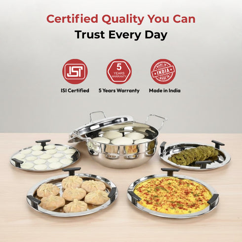 Vinod Doniv Stainless Steel Induction Bottom Multi Kadhai with 5 Plates 2 Idli 1 Mini Idli 1 Patra Momos 2 Khaman Dhokla