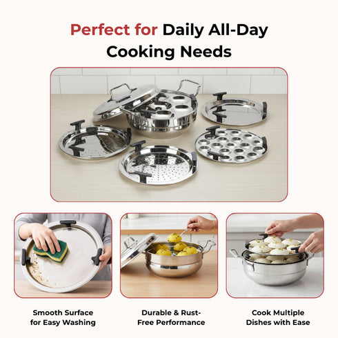 Vinod Doniv Stainless Steel Induction Bottom Multi Kadhai with 5 Plates 2 Idli 1 Mini Idli 1 Patra Momos 2 Khaman Dhokla