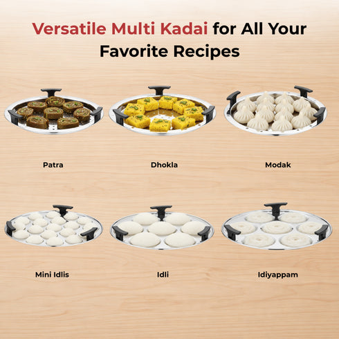 Vinod Doniv Stainless Steel Induction Bottom Multi Kadhai with 5 Plates 2 Idli 1 Mini Idli 1 Patra Momos 2 Khaman Dhokla