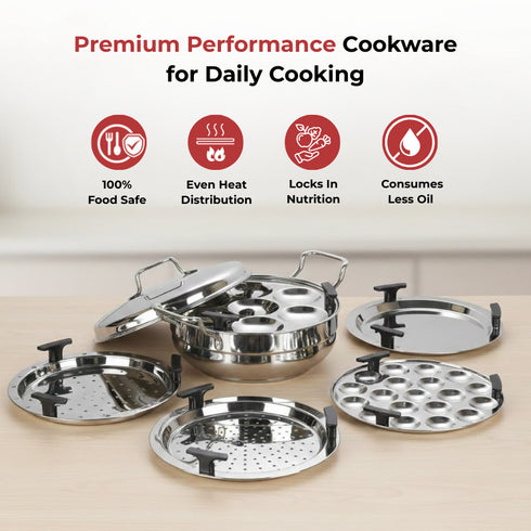 Vinod Doniv Stainless Steel Induction Bottom Multi Kadhai with 5 Plates 2 Idli 1 Mini Idli 1 Patra Momos 2 Khaman Dhokla