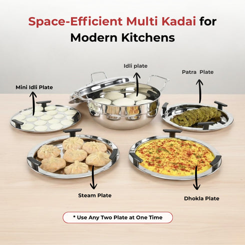 Vinod Doniv Stainless Steel Induction Bottom Multi Kadhai with 5 Plates 2 Idli 1 Mini Idli 1 Patra Momos 2 Khaman Dhokla