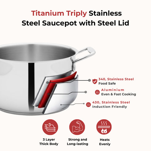 Vinod Doniv Titanium Triply Stainless Steel Sauce Pot with Cover 24 cms Capacity 5.00 Liter
