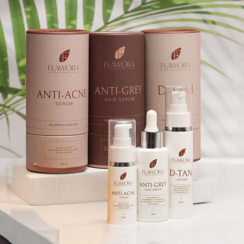 Flawora Anti-Grey Hair Serum|Anti Acne Serum and D-Tan Lotion Combo