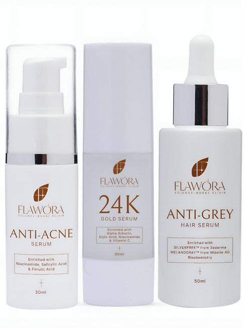 Flawora Anti-Grey Hair Serum|Anti Acne Serum & Gold Face Serum Combo