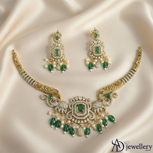 Emerald and Diamond-Look Necklace Set