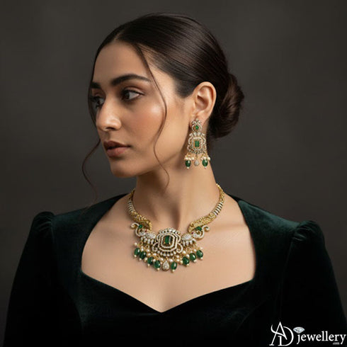 Emerald and Diamond-Look Necklace Set